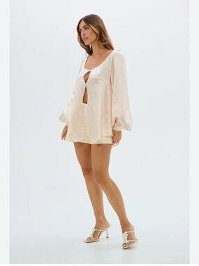 SHEIN Cream Satin Puff Sleeve Top & Bottom Set